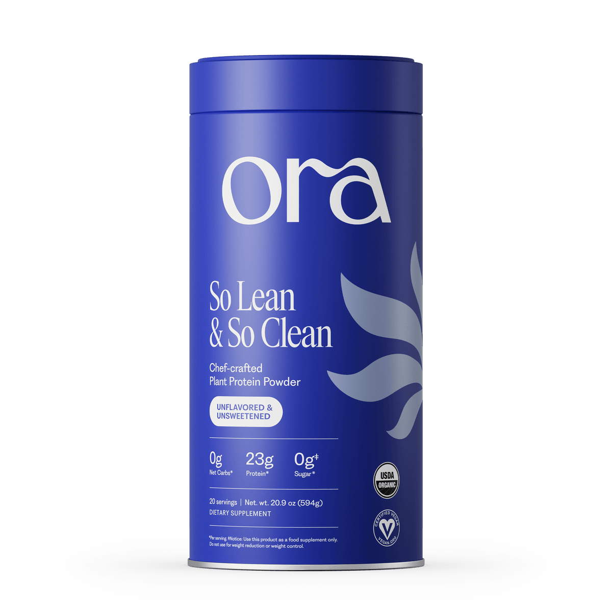 Blue container of Ora protein powder on a white background