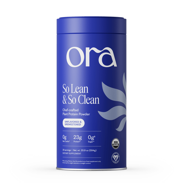 Blue container of Ora protein powder on a white background