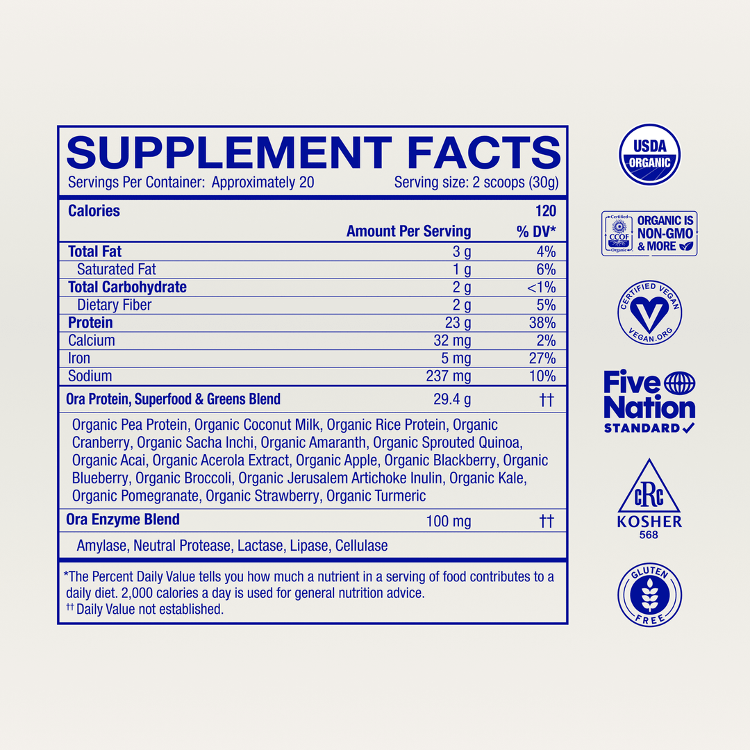 Supplement facts label with various certification logos on a white background