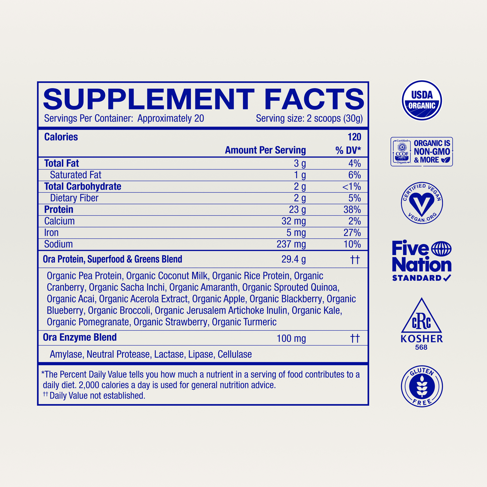 Supplement facts label with various certification logos on a white background