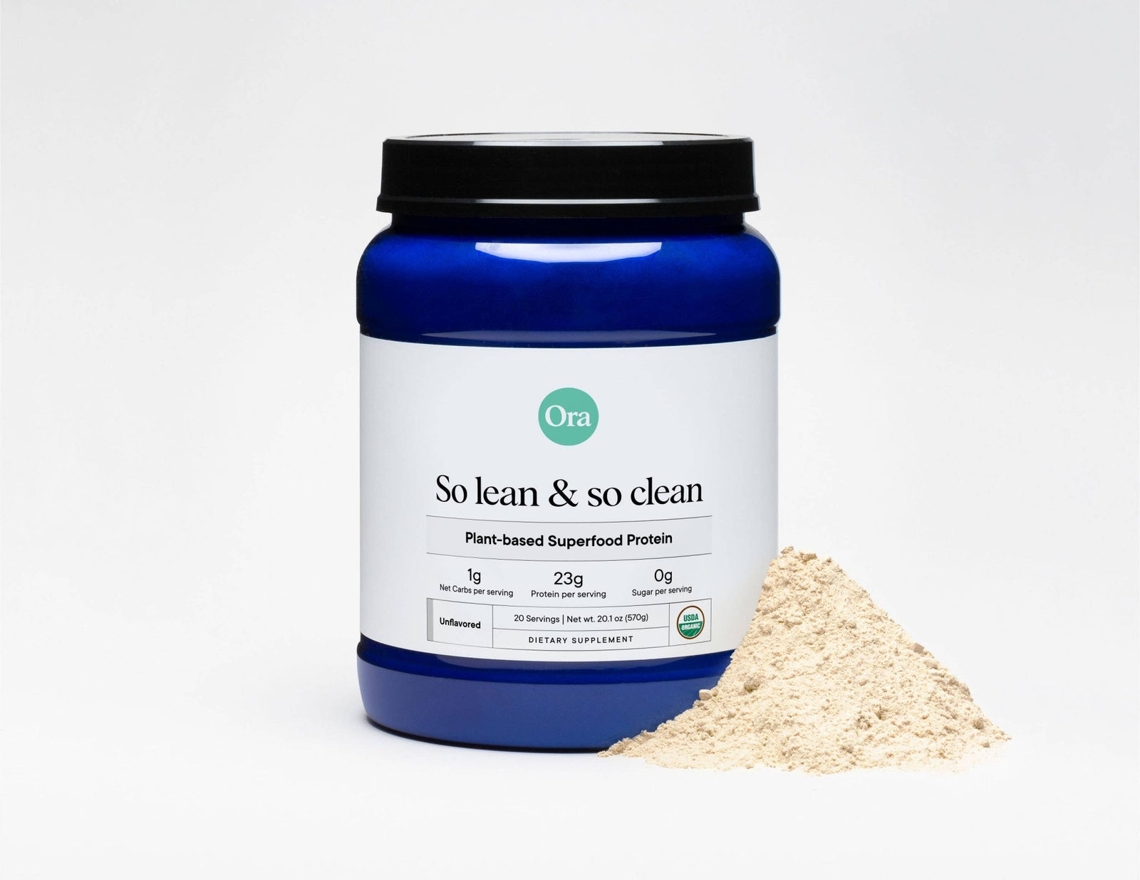 Ora plant-based superfood protein powder container with a scoop of powder on a white background