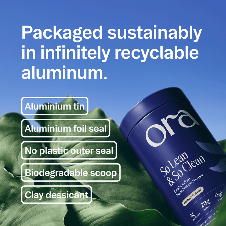 Ora protein powder container with sustainability features listed on a blue background