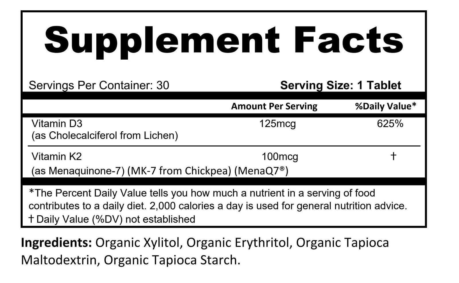Supplement facts label with vitamins D3 and K2 on a white background