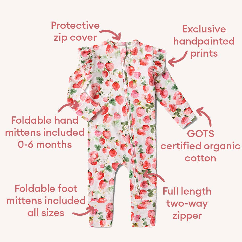 Strawberry Organic Snugglesuit Convertible Romper with features highlighted on a white background
