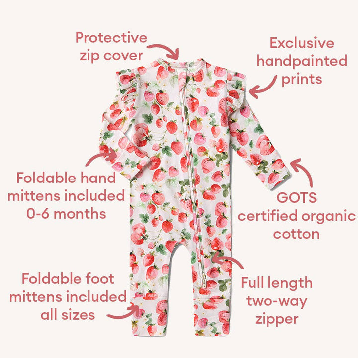 Strawberry Organic Snugglesuit Convertible Romper with features highlighted on a white background
