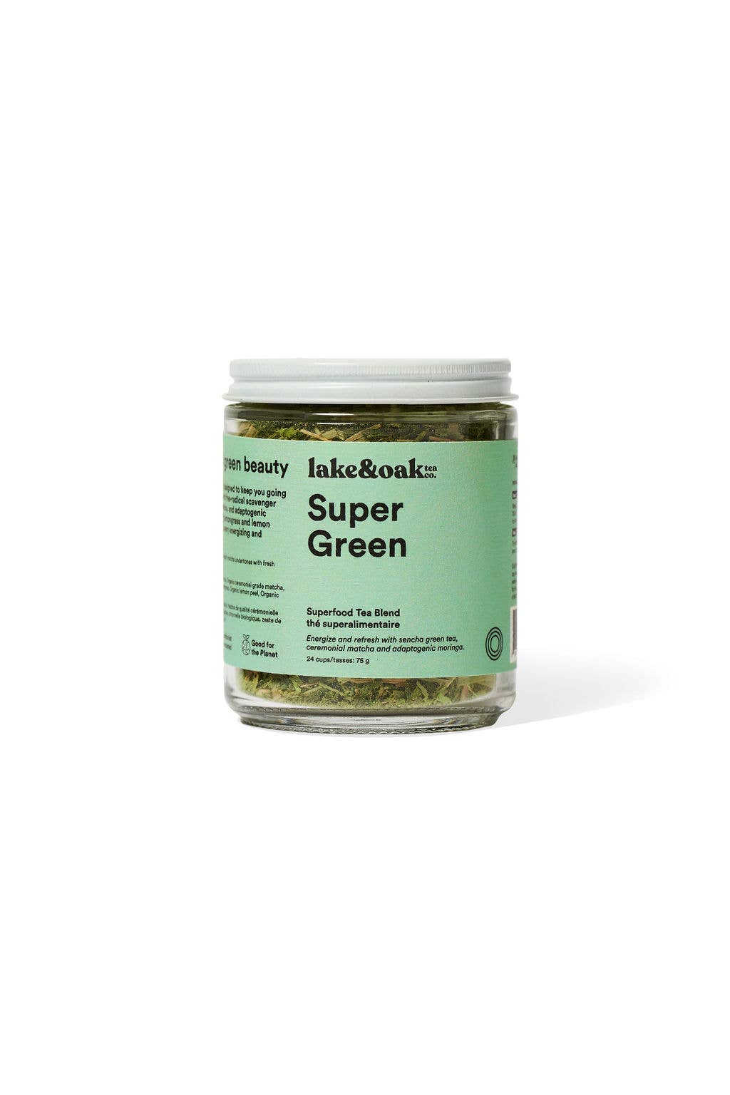 Jar of Lake & Oak Super Green on a white background