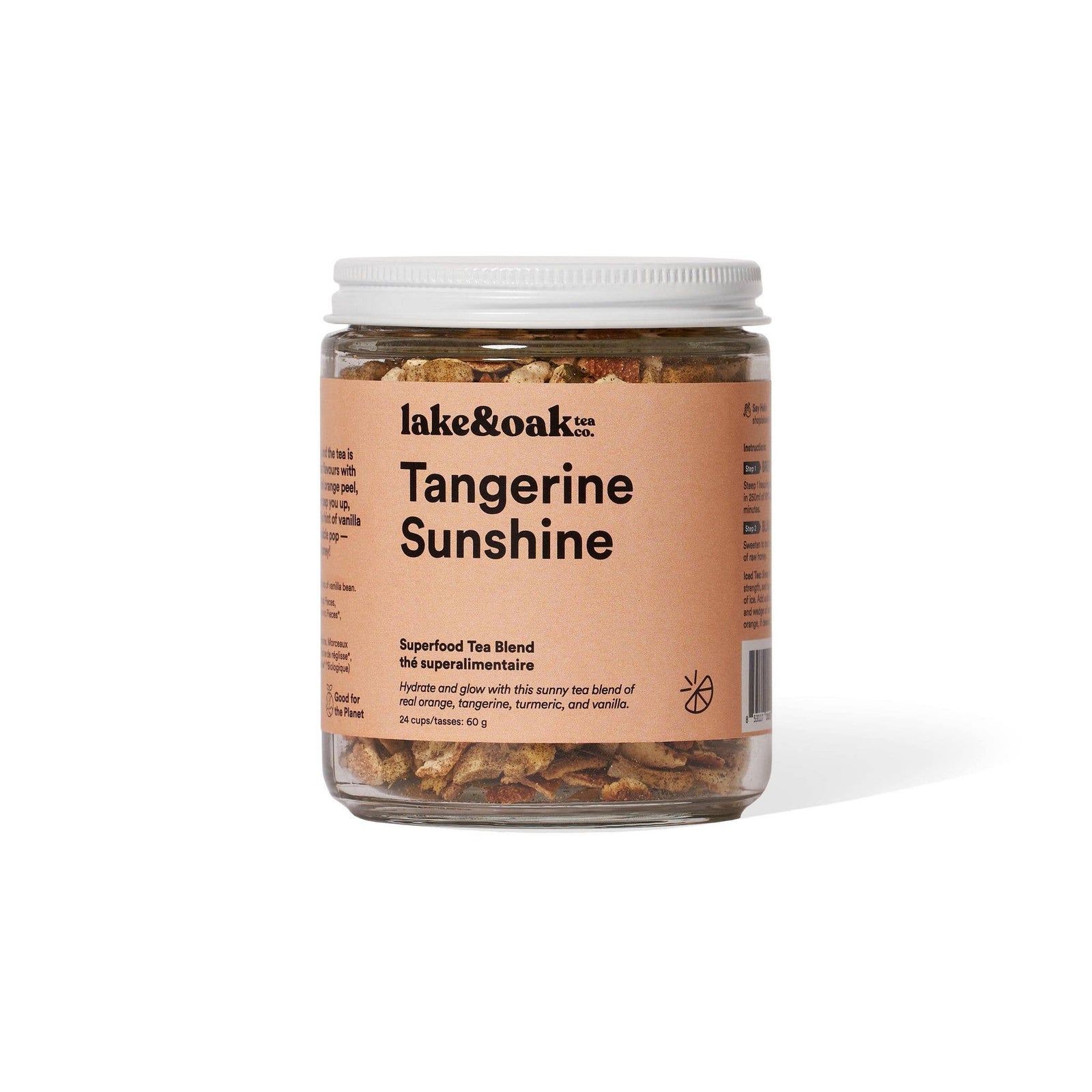 Jar of 'Tangerine Sunshine' tea blend by lake & oak on a white background