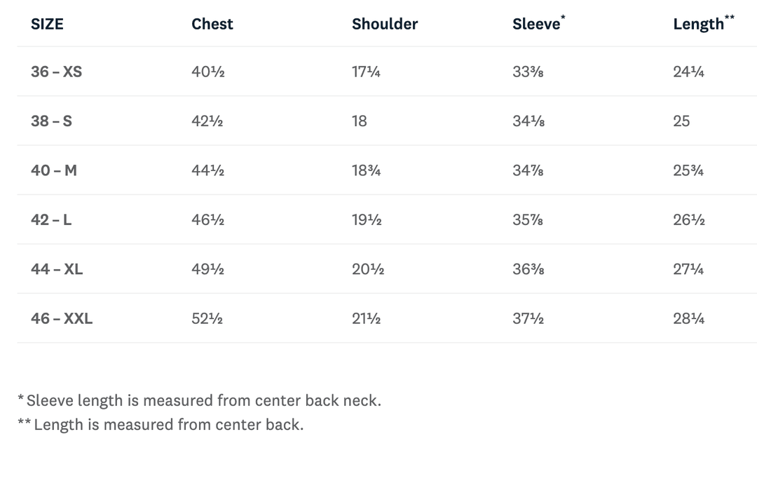 Measurement chart for shirts with size, chest, shoulder, sleeve, and length measurements.