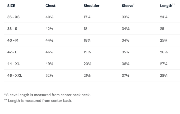 Measurement chart for shirts with size, chest, shoulder, sleeve, and length measurements.