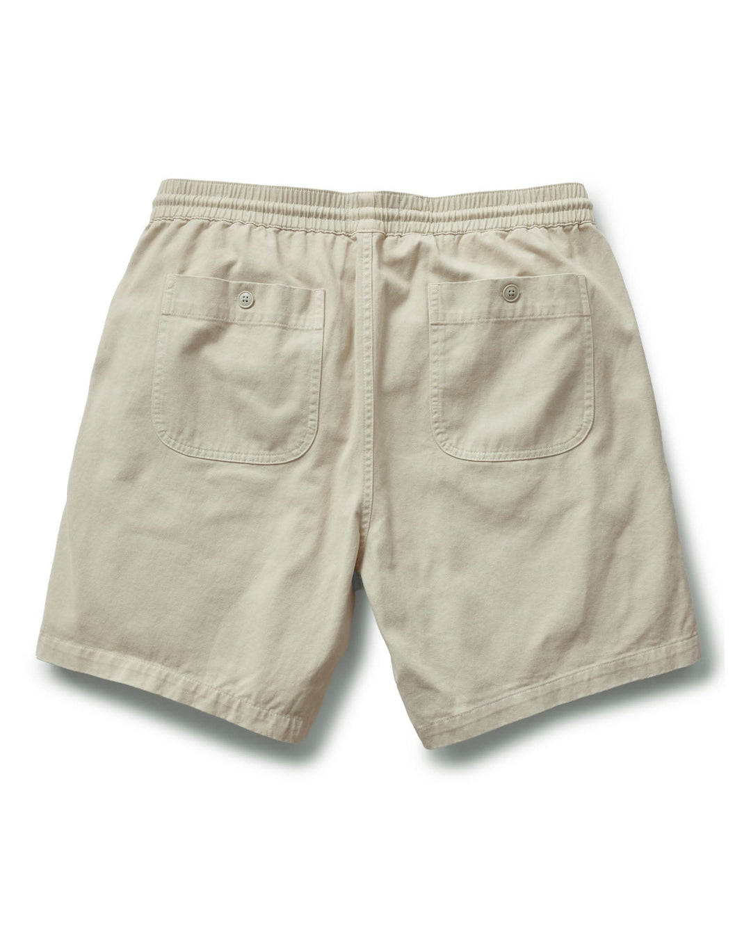Taylor Stitch The Après Short in Organic Aged Stone Foundation Twill with back button pockets on a white background