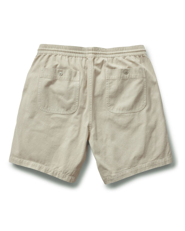 Taylor Stitch The Après Short in Organic Aged Stone Foundation Twill with back button pockets on a white background