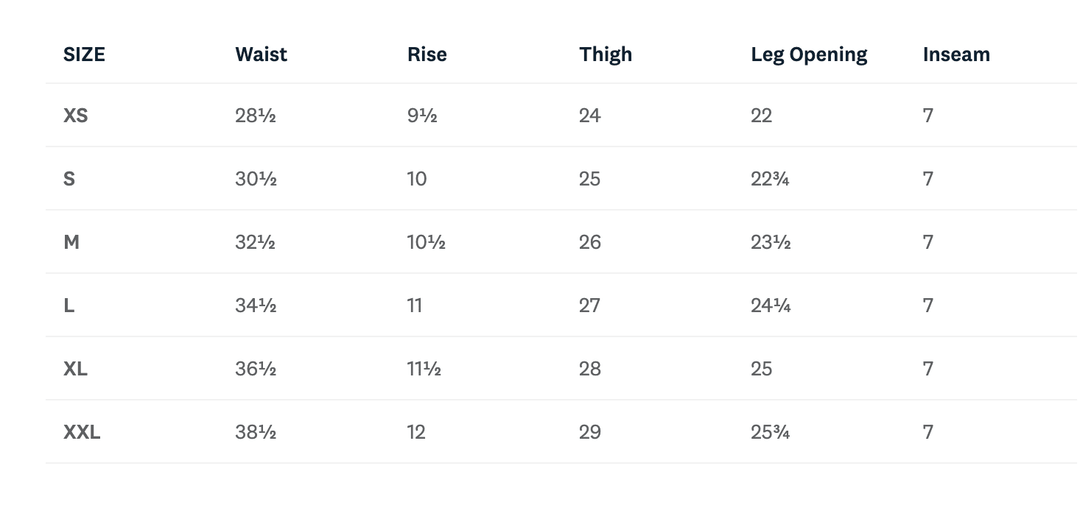 Table displaying size chart for pants with measurements in inches.