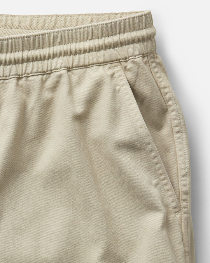 Close-up of Taylor Stitch The Après Short in Organic Aged Stone Foundation Twill with drawstring on a white background