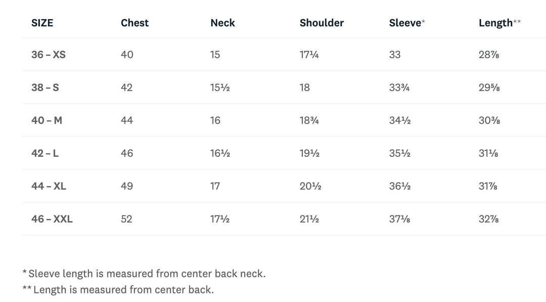 Size chart for clothing measurements including chest, neck, shoulder, sleeve, and length.