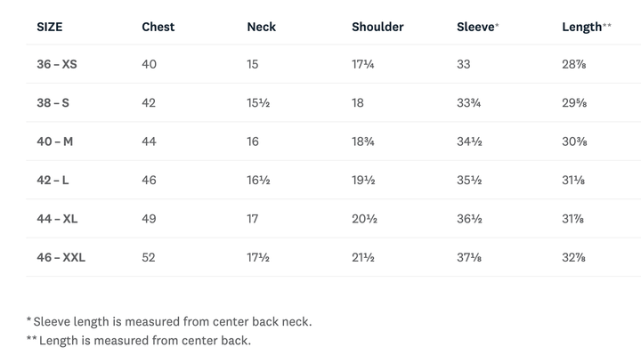 Size chart for clothing measurements including chest, neck, shoulder, sleeve, and length.