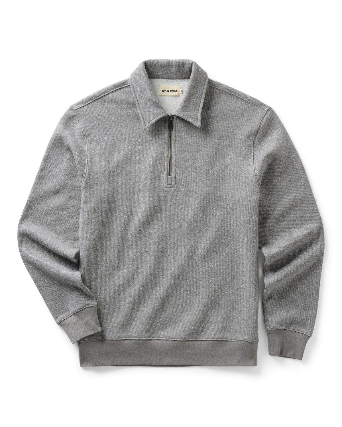 A light gray heathered quarter-zip pullover sweatshirt with a collar, shown flat against a white background.