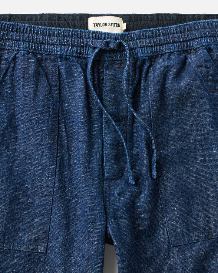 Close up of Taylor Stitch Breakwater pants drawstring waist.