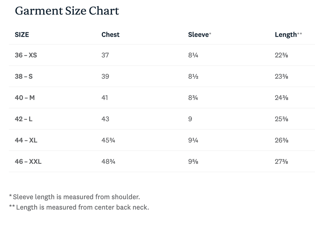 Garment size chart with chest, sleeve, and length measurements.