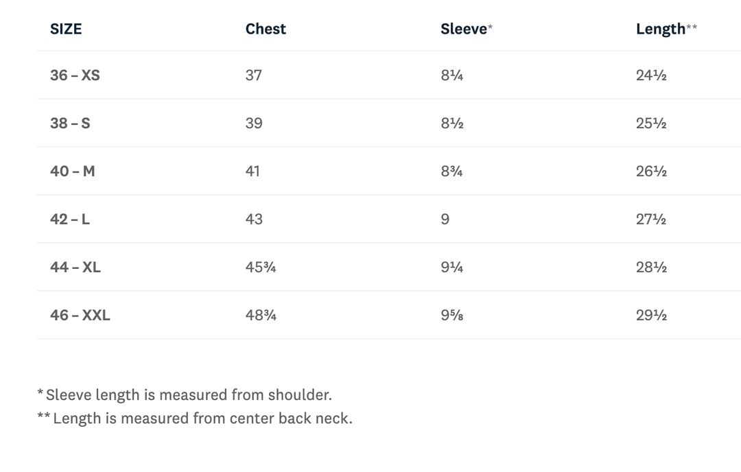 Size chart for clothing with measurements in chest, sleeve, and length.