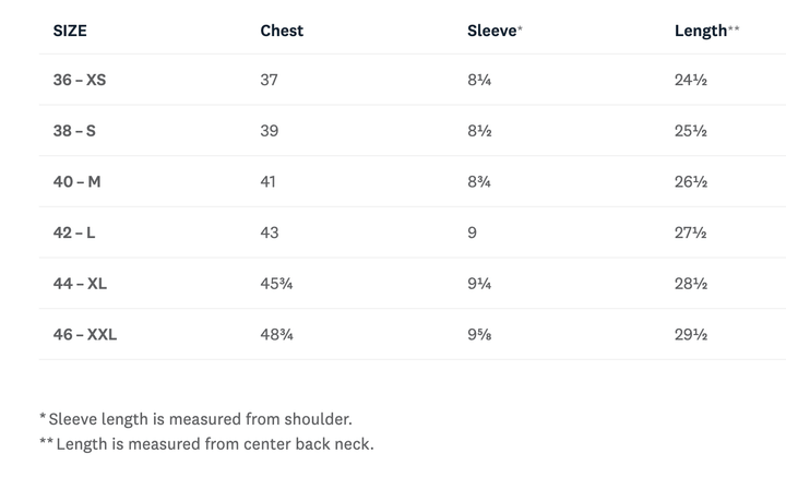 Size chart for clothing with measurements in chest, sleeve, and length.