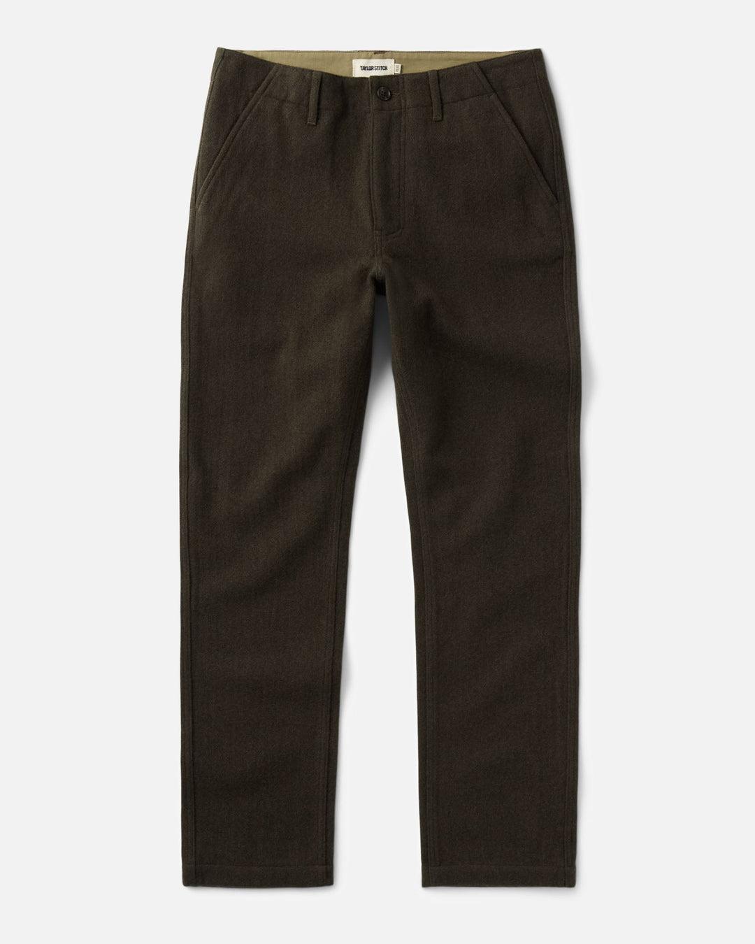 The Carnegie Pant in Army Wool, flat lay on a white background.