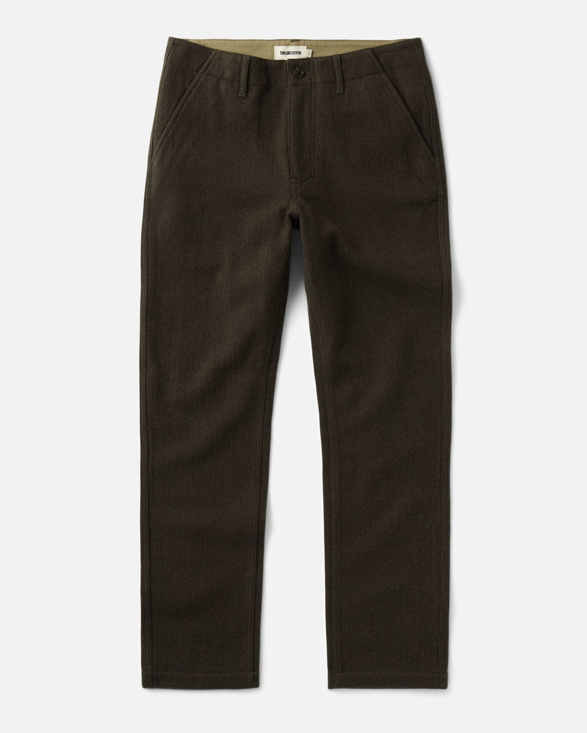 The Carnegie Pant in Army Wool, flat lay on a white background.