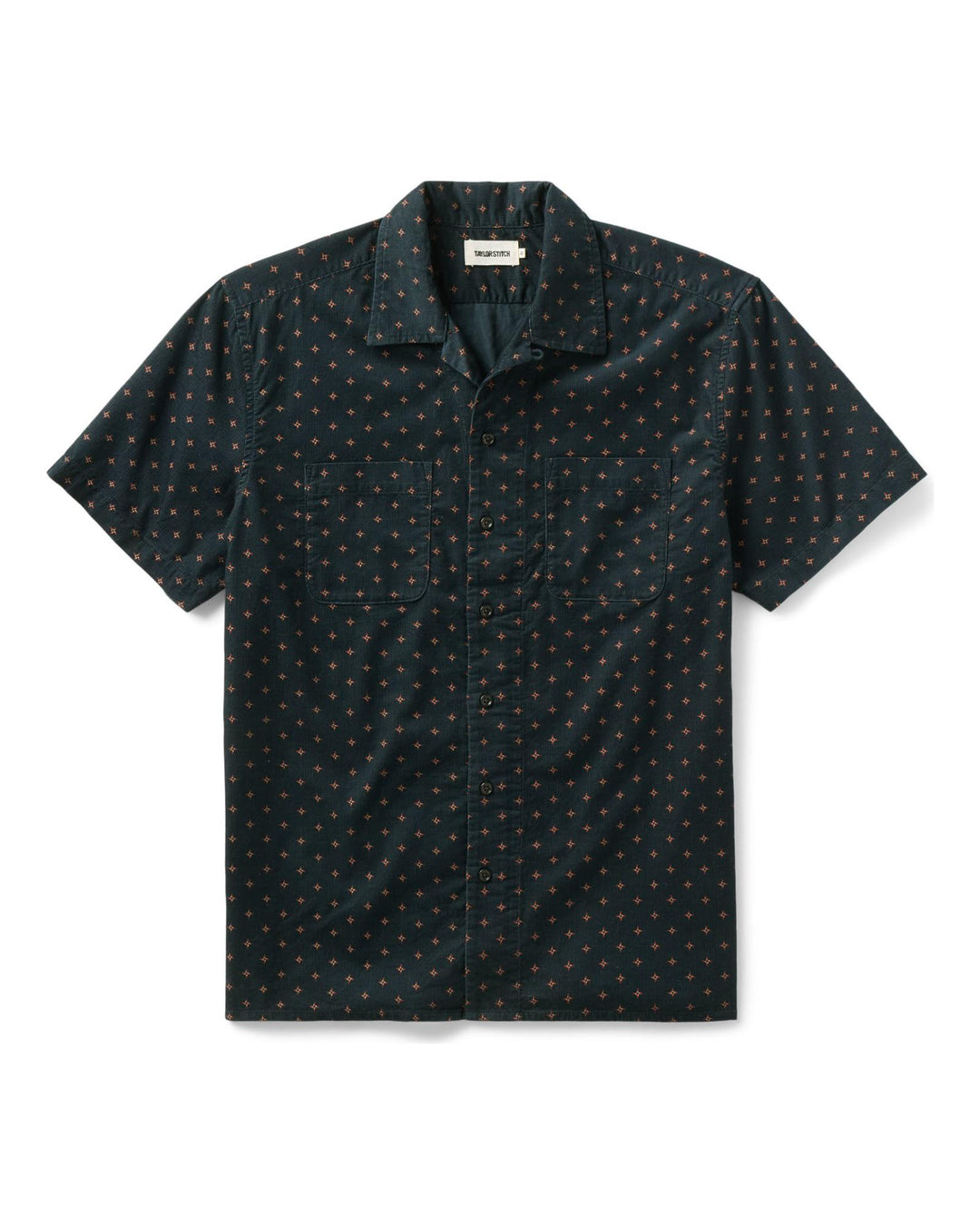 Dark patterned short-sleeve shirt on a white background