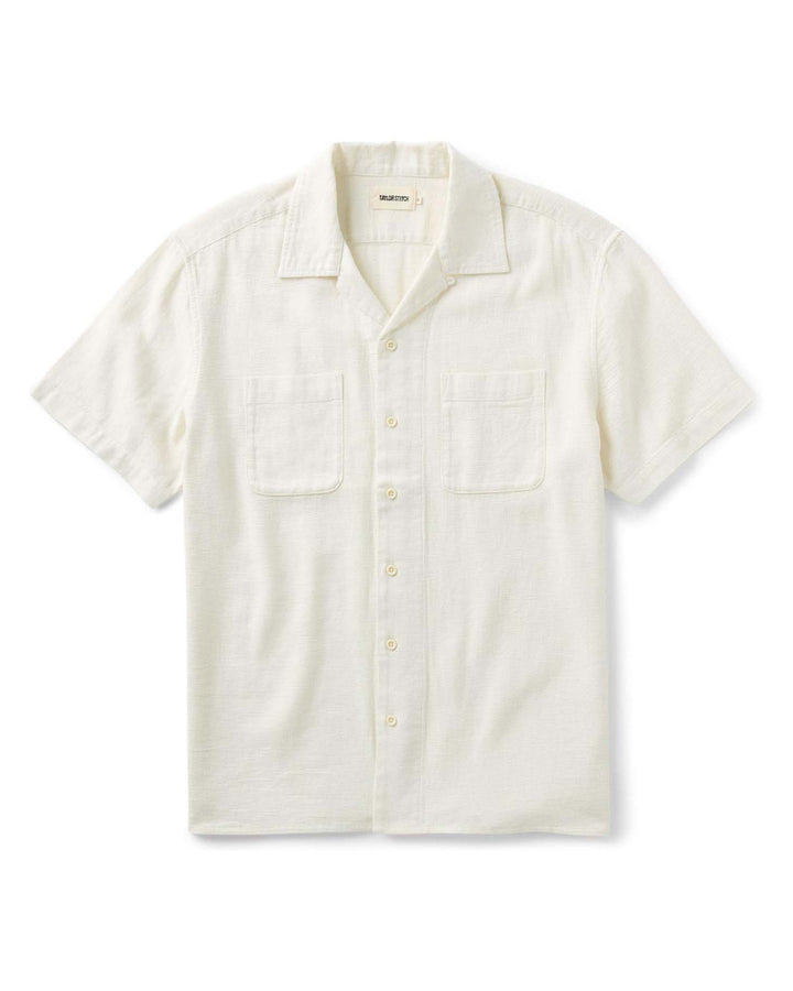 The Conrad Shirt
in Vintage White Linen with button details on a white background