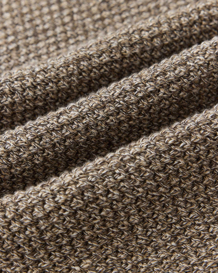 Close-up of the Crawford Crew Sweater in coffee Twist, showing the detailed texture of the yarn and stitching.