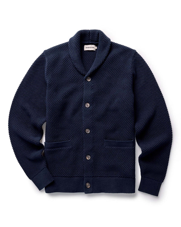 The Crawford Sweater in Navy with buttons on a white background