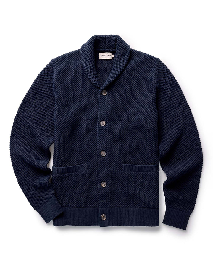 The Crawford Sweater in Navy with buttons on a white background