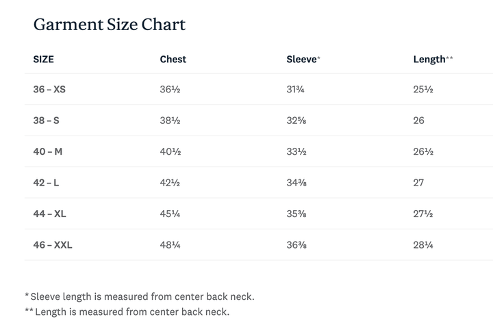 A garment size chart table with columns for Size, Chest, Sleeve, and Length, listing sizes from 36 - XS to 46 - XXL with percentage-based chest and sleeve measurements and length in inches.