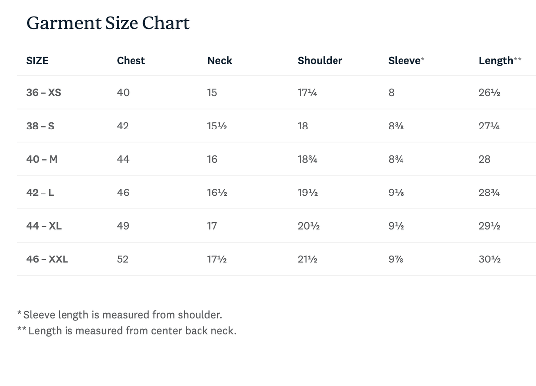 Garment size chart with measurements for chest, neck, shoulder, sleeve, and length.