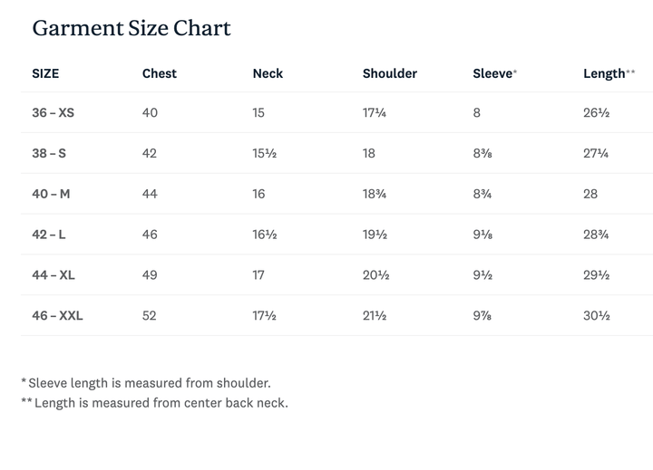 Garment size chart with measurements for chest, neck, shoulder, sleeve, and length.