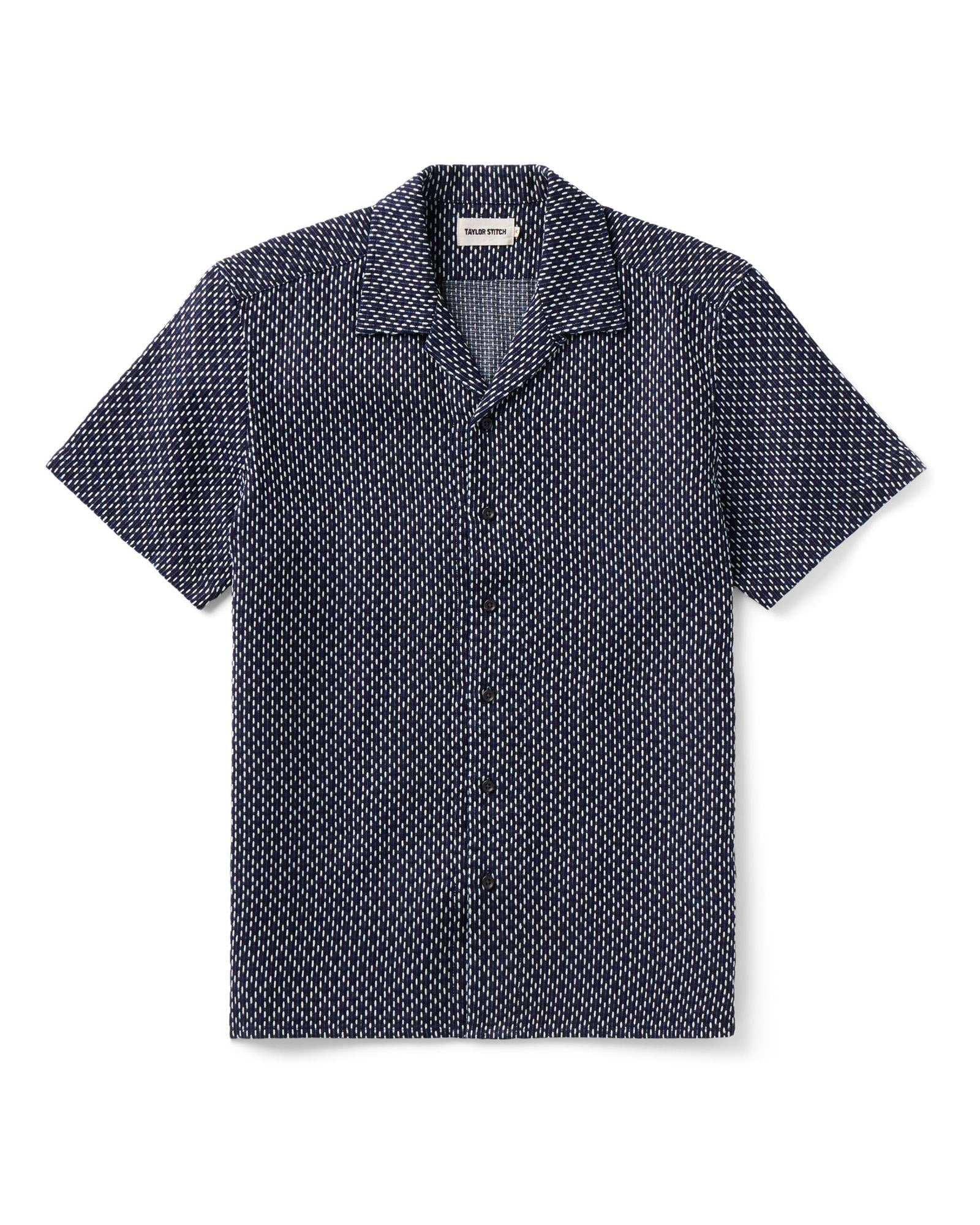 The Davis Shirt in Indigo Raindrop Sashiko on a white background