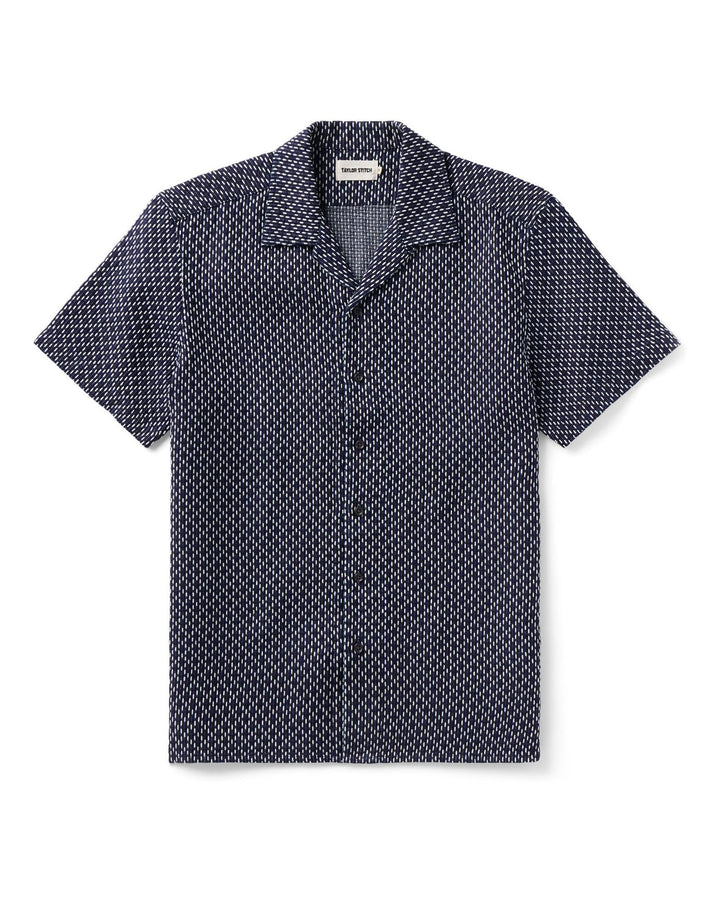 The Davis Shirt in Indigo Raindrop Sashiko on a white background