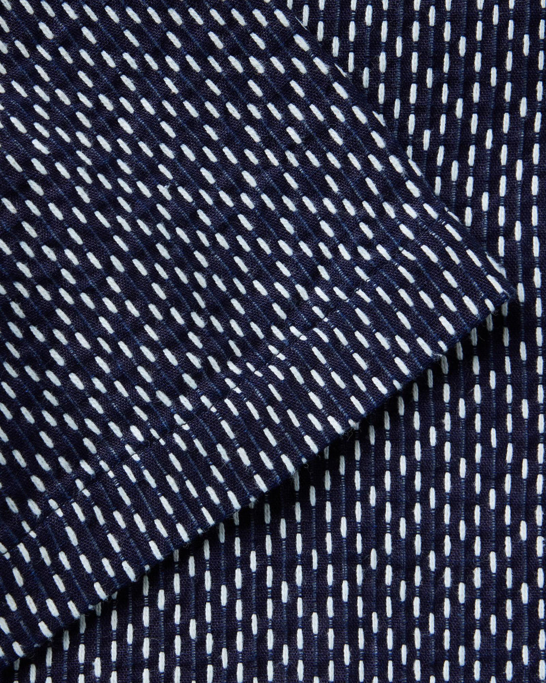 Close up of The Davis Shirt in Indigo Raindrop Sashiko fabric