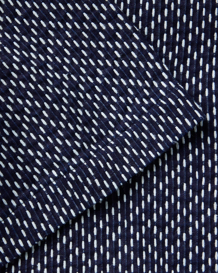 Close up of The Davis Shirt in Indigo Raindrop Sashiko fabric