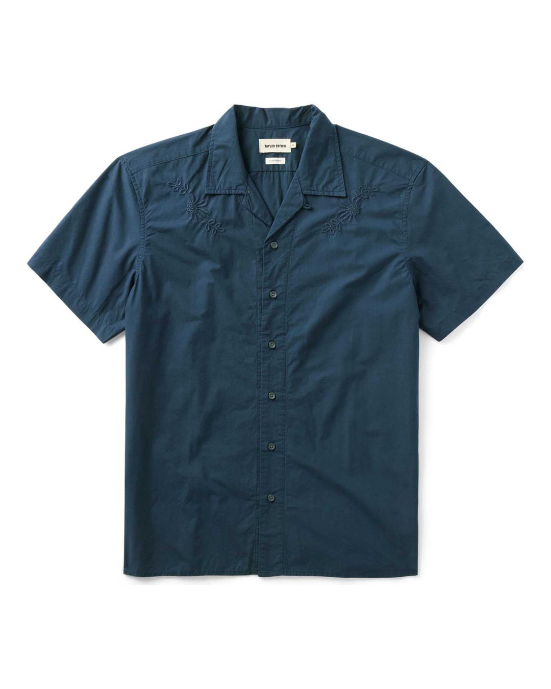 The Davis Shirt in Navy Floral Embroidery on a white background