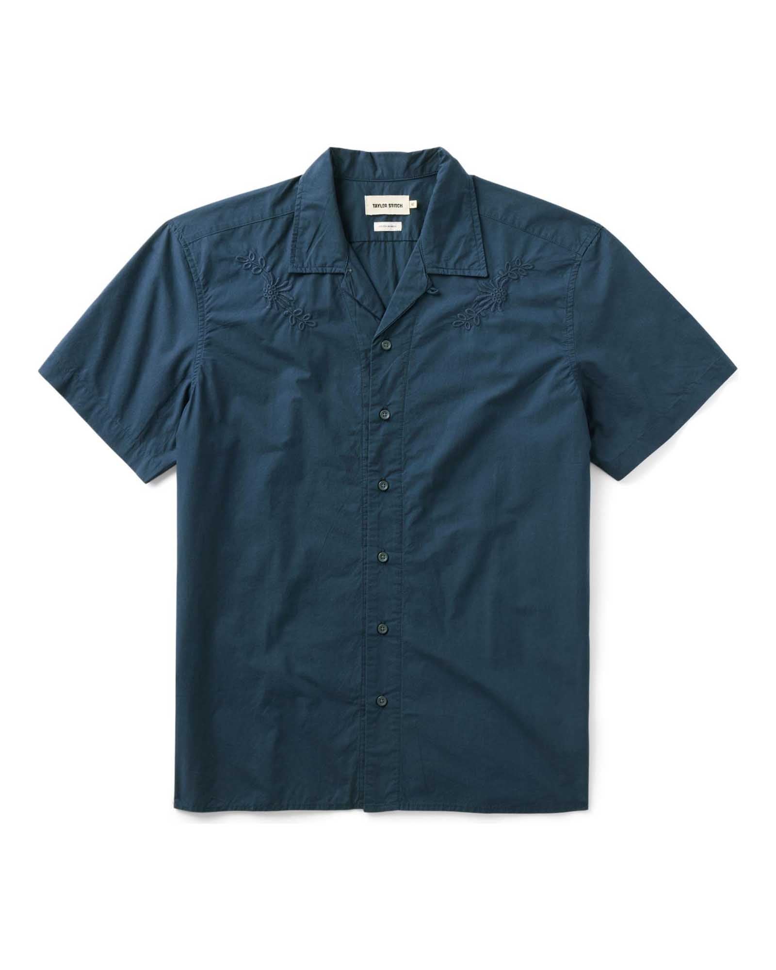 The Davis Shirt in Navy Floral Embroidery on a white background