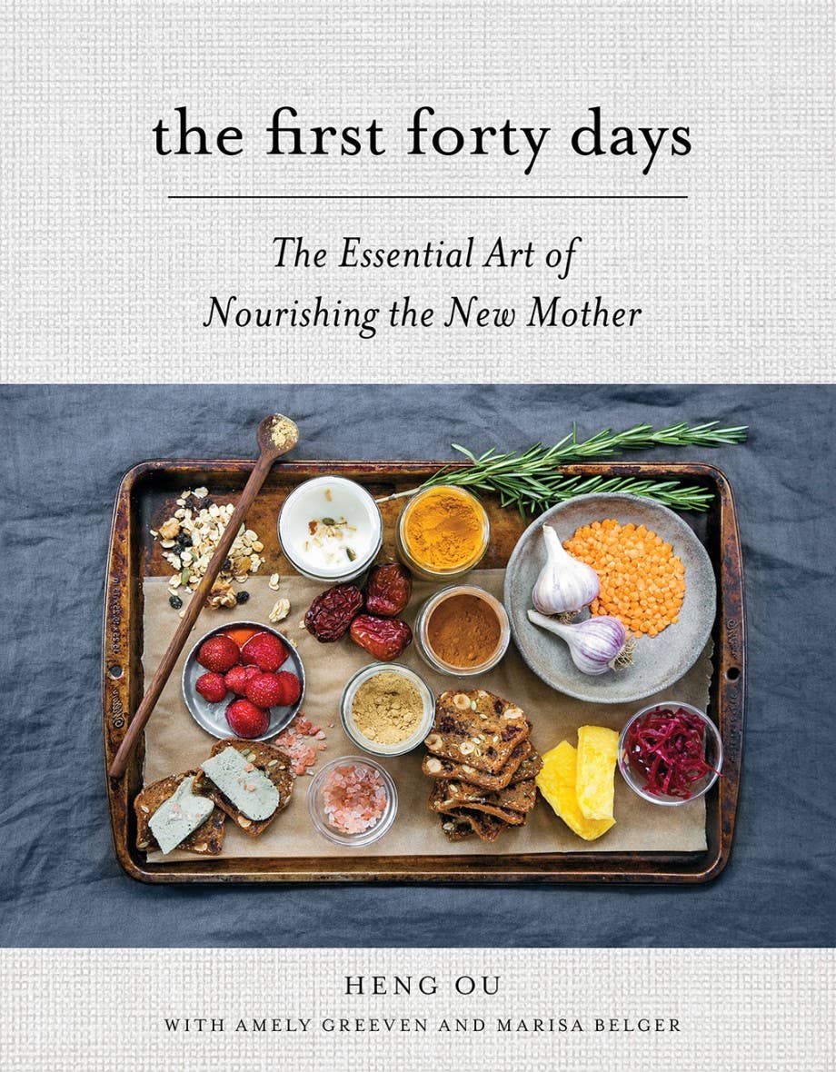 Book cover of 'The First Forty Days' with a tray of food on a blue background