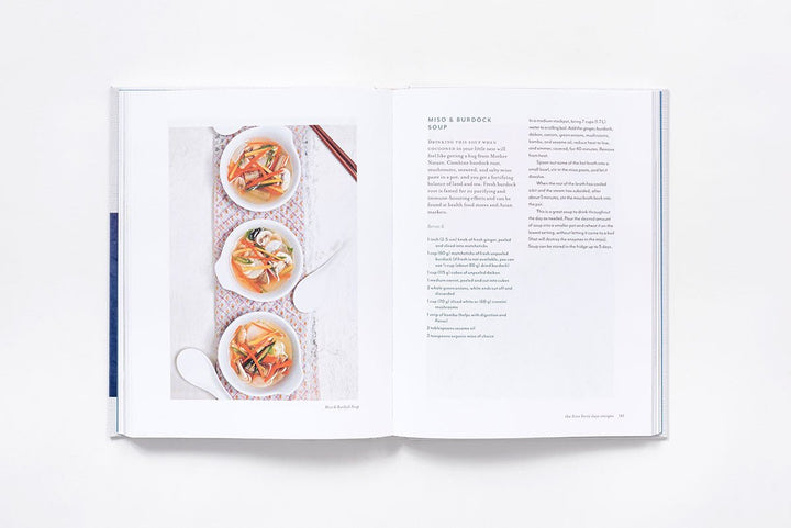 Open book showing a recipe with images of food on a white background