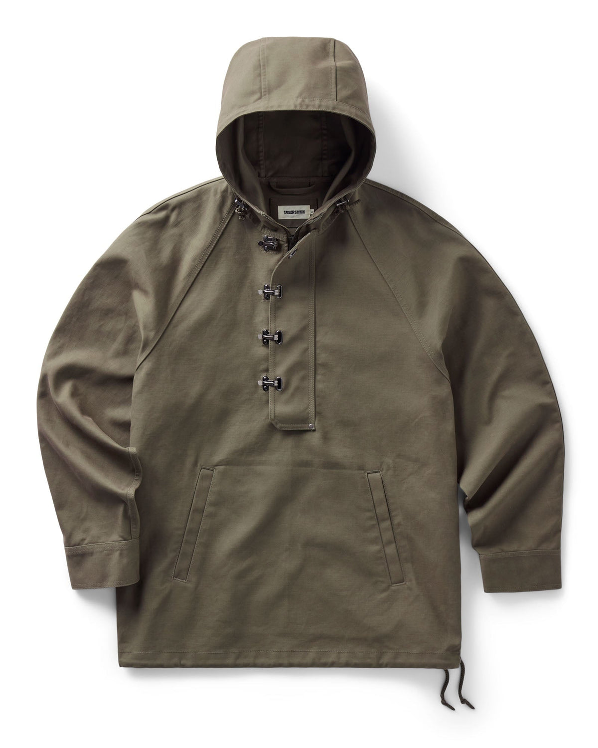 An olive green hooded Hatteras anorak jacket with toggle closures on the chest, shown flat against a white background.