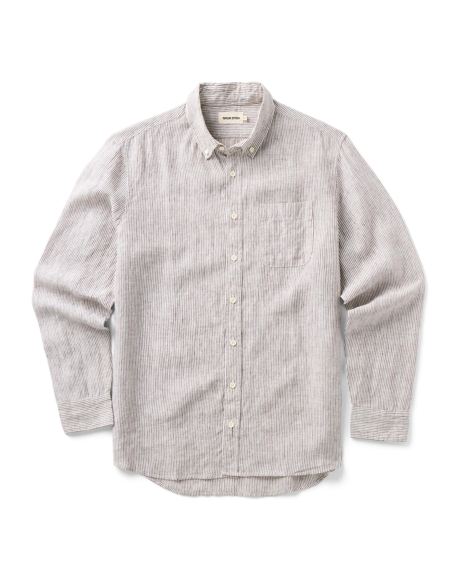 Burgundy University Stripe Linen shirt on a white background