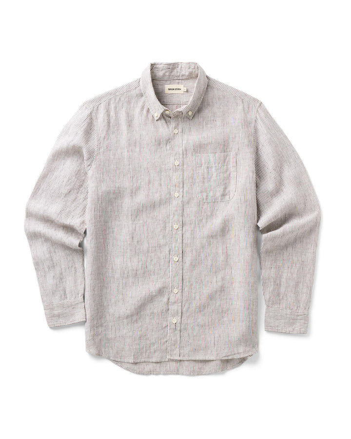 Burgundy University Stripe Linen shirt on a white background