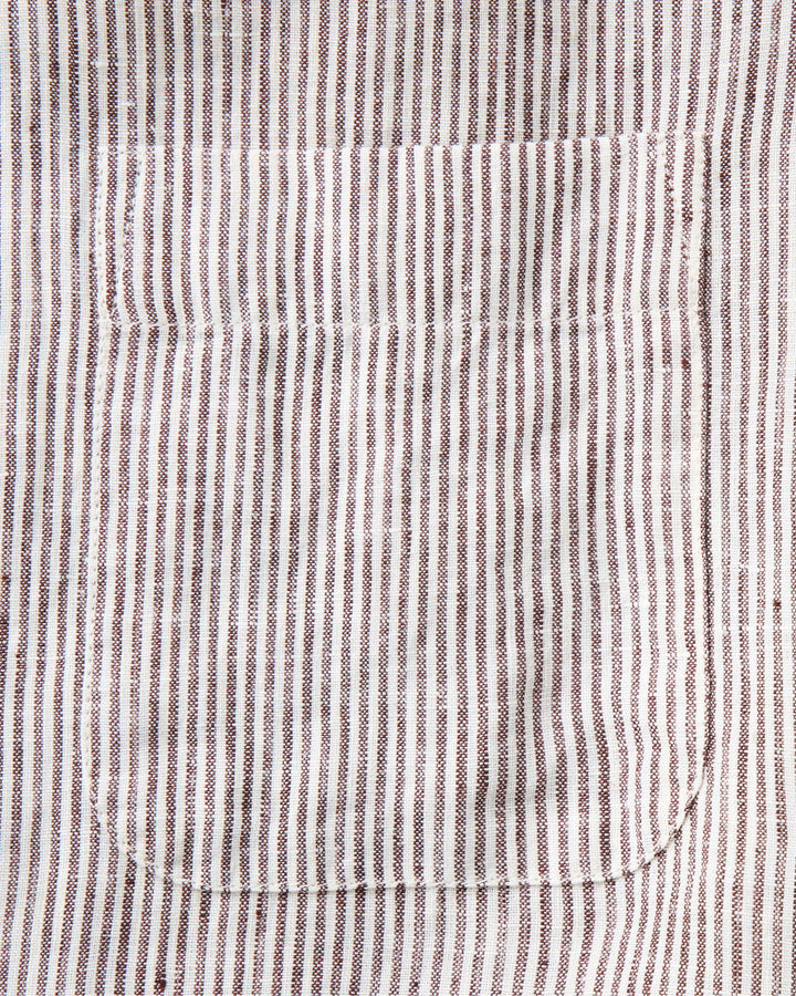 Close-up of a Burgundy University Stripe Linen fabric and pocket.