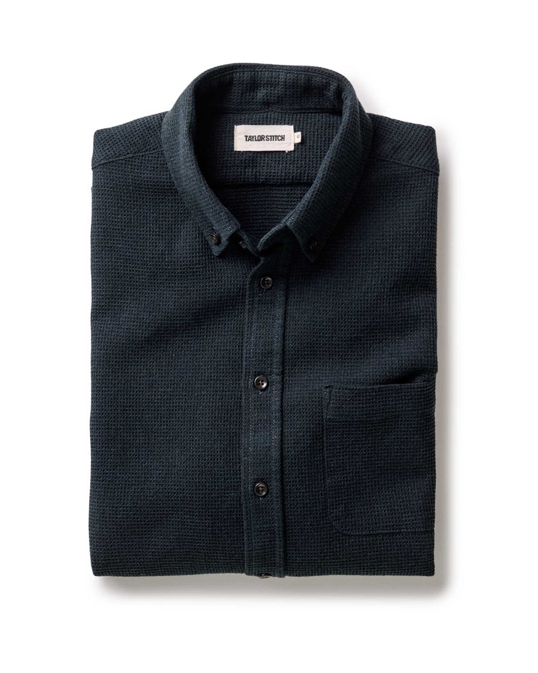 A folded Jack Shirt in Forest Waffle with a single chest pocket, shown on a clean white background.