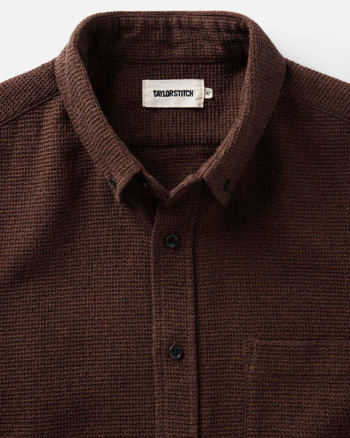 Close-up of The Jack Shirt in Timber Twist Waffle with a pointed collar and a visible TAYLOR STITCH brand label inside the neck.