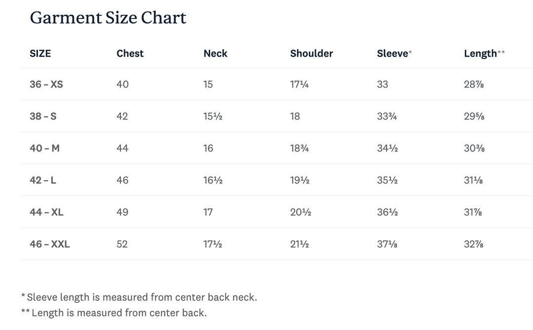 A garment size chart table with columns for Size, Chest, Neck, Shoulder, Sleeve, and Length, listing sizes 36-XS through 46-XXL with percentage sleeve and length increases.