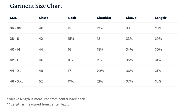 A garment size chart table with columns for Size, Chest, Neck, Shoulder, Sleeve, and Length, listing sizes 36-XS through 46-XXL with percentage sleeve and length increases.